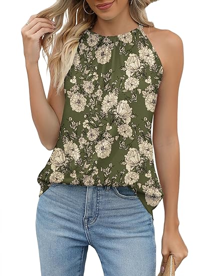 Rooscier Women's Halter Neck Tank Top - Pleated Sleeveless Cami, Loose Fit, Soft Stretch Fabric (65% Polyester, 30% Rayon, 5% Spandex) - View #11